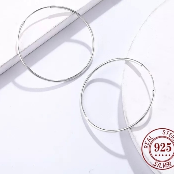 NEW Classic Large Circular 925 Silver Polished Hoop Earrings - Picture 6 of 13